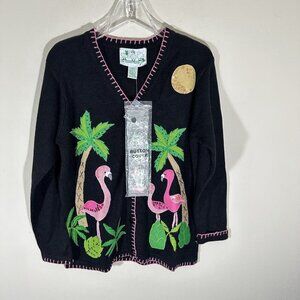 Quacker Factory Black Cardigan with Pink Flamingos